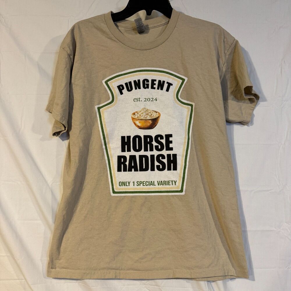 Gildan Heavy Cotton Men Large L Pungent Horse Radish Graphic T Shirt Tan Beige